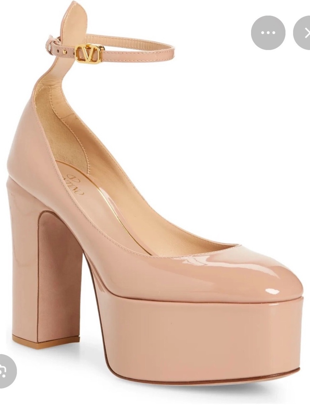 Valentino Nude Patent Leather Platform Pump with Ankle Strap and Gold Buckle
